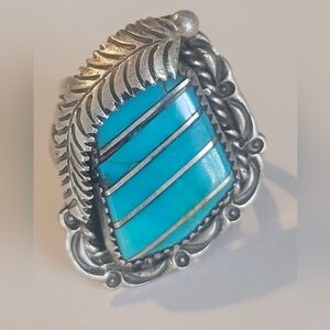 Vintage Navajo Sterling Silver Sleeping Beauty Turquoise Inlay Ring Sz 10